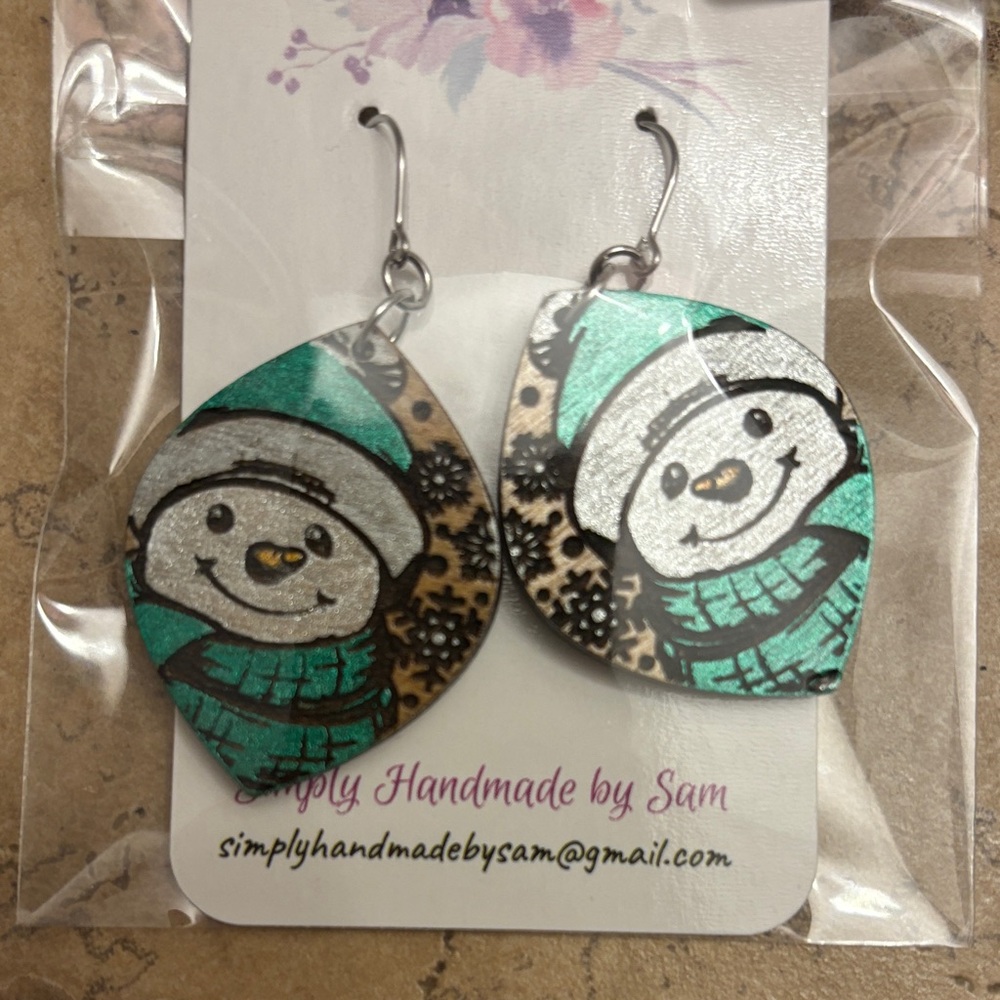 Snowman Earrings with Green and Black Accents